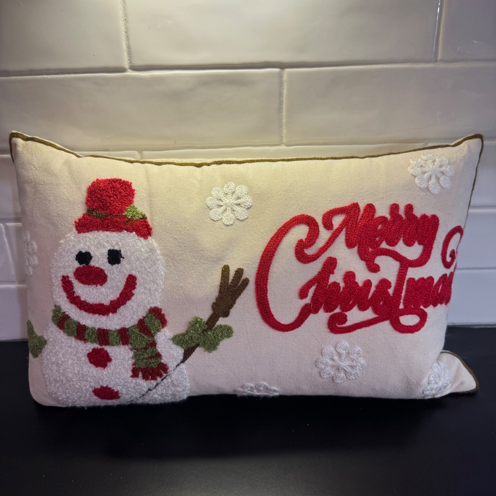 Christmas Snowman Lumbar Pillow 18x11 Cream Red Green Chenille Embroidered